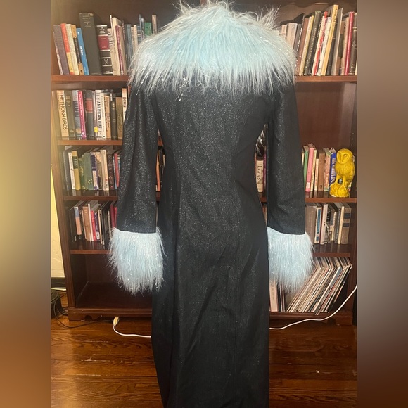 Vintage Faux Fake Fur Blue Denim Long Duster Coat 90s Y2K - Picture 9 of 13